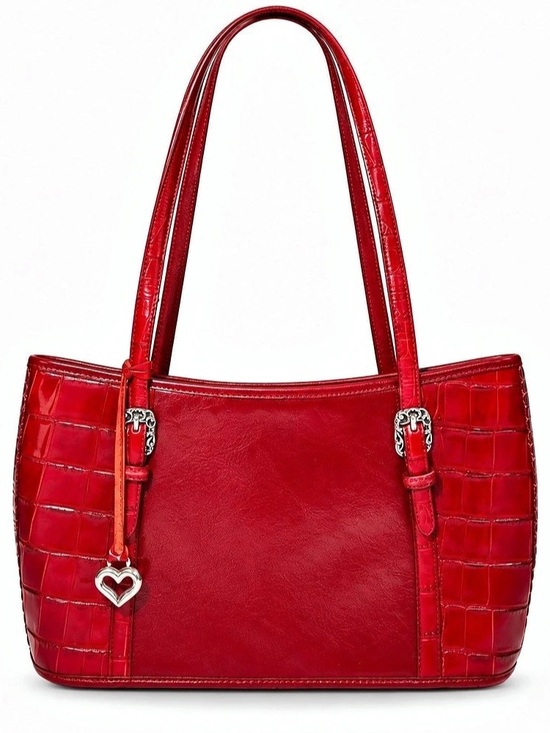Brighton Handbags - Brighton Red Leather Croc Embossed Tote Heart Charm Y2K Western Shoulder Bag